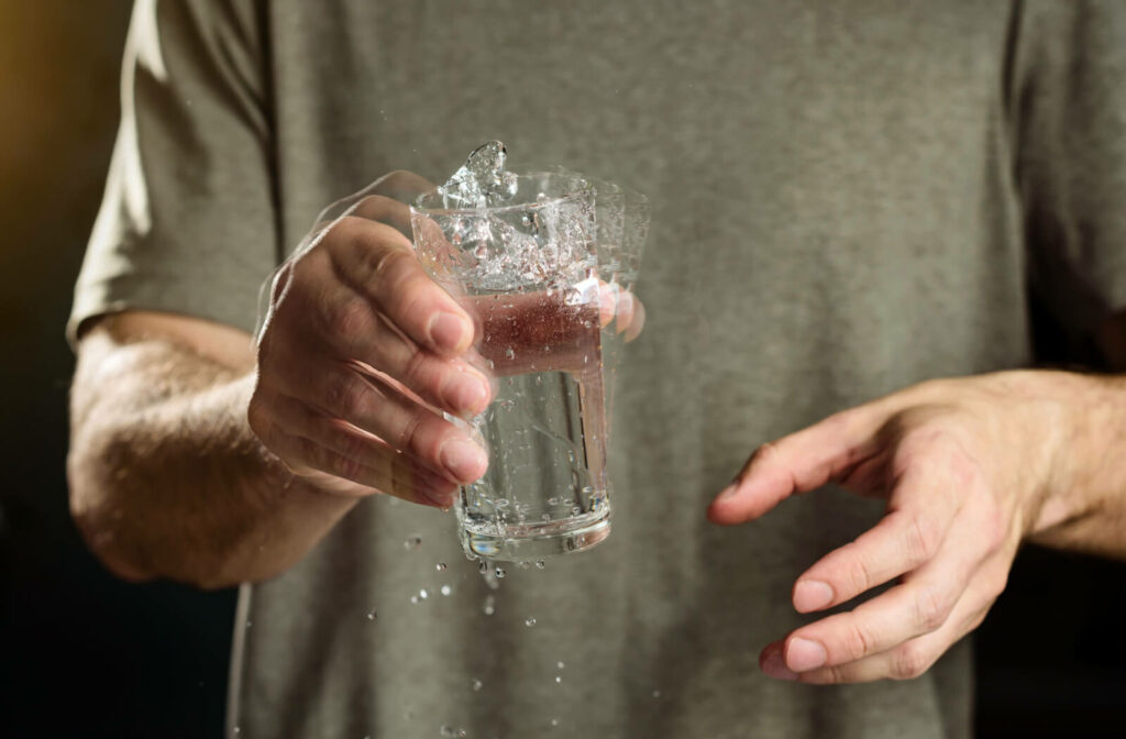 A man holds a glass of water with a trembling hand. The concept of parkinson's disease and tremor.